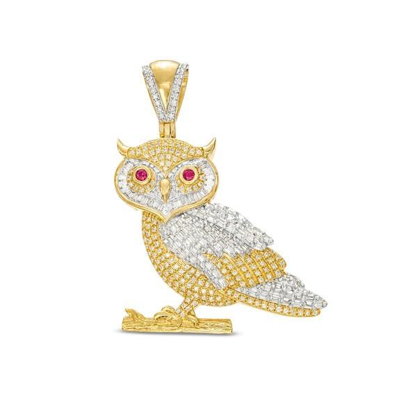 Men's 3/4 CT. T.w. Diamond and Lab-Created Ruby Perched Owl Charm in 10K Gold Product Image