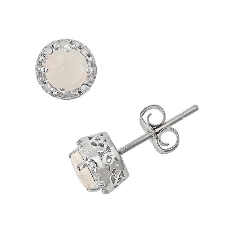 Belk & Co Sterling Silver 5Mm Round Opal Diamond Accent Halo Stud Earrings Product Image