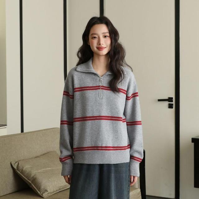 Stand Collar Striped Half Zip Sweater Product Image