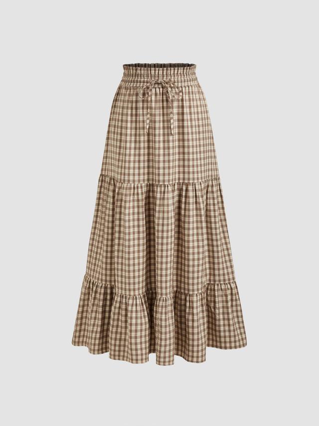 Elastic Waist Check Knotted Tiered Maxi Skirt Product Image