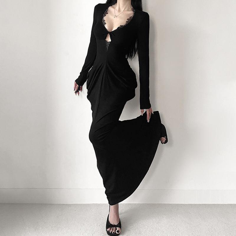 Long-Sleeve V-Neck Plain Cutout Lace Panel Maxi Sheath Dress Product Image