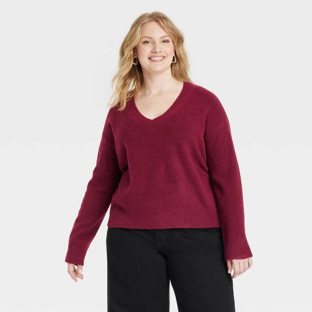 Womens Cozy Knit V-Neck Pullover Sweater - Universal Thread Maroon 4X product image