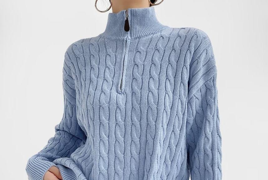 Stand Collar Plain Cable Knit Half-Zip Sweater Product Image