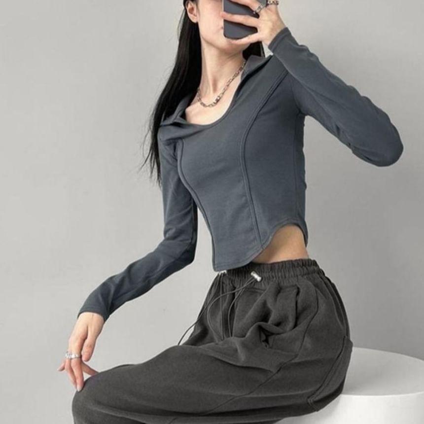 Long-Sleeve Collared Plain Crop Top Product Image