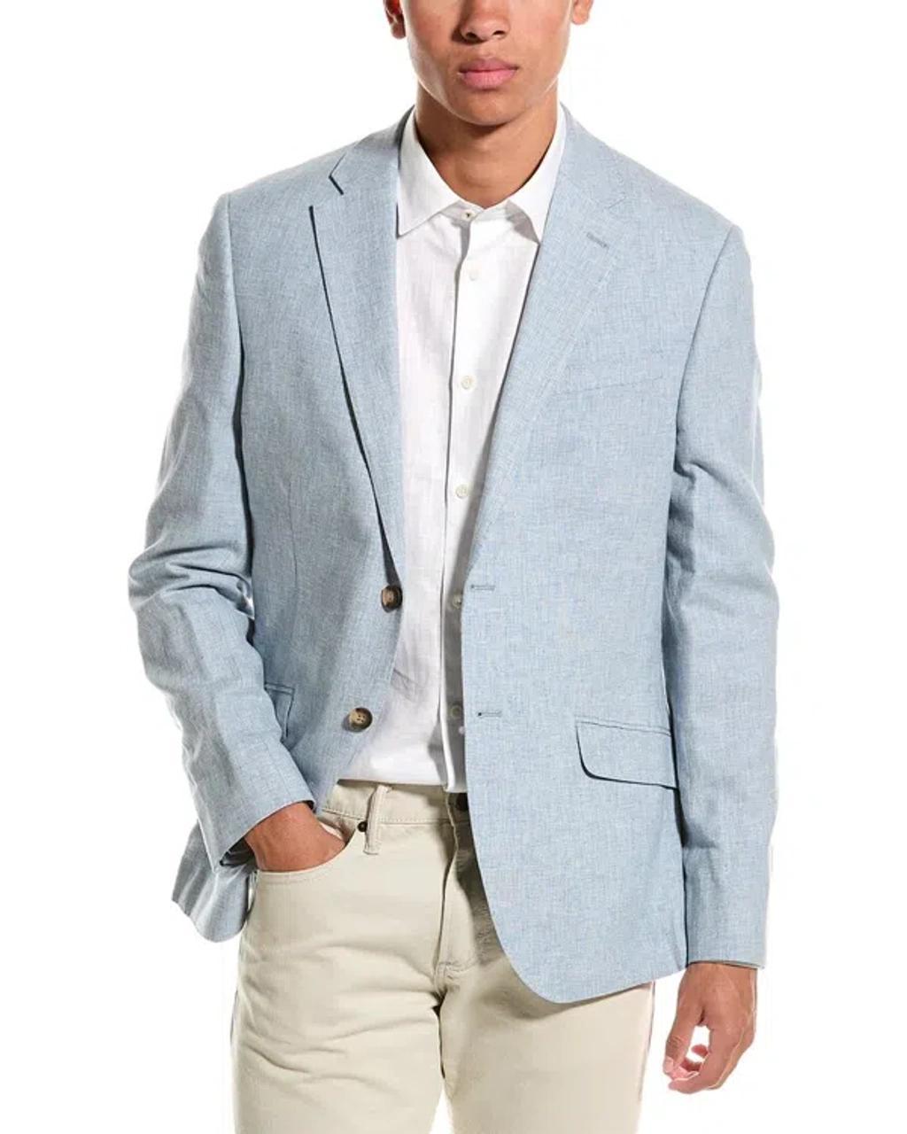 Slim Fit Linen-blend Blazer In Blue Product Image