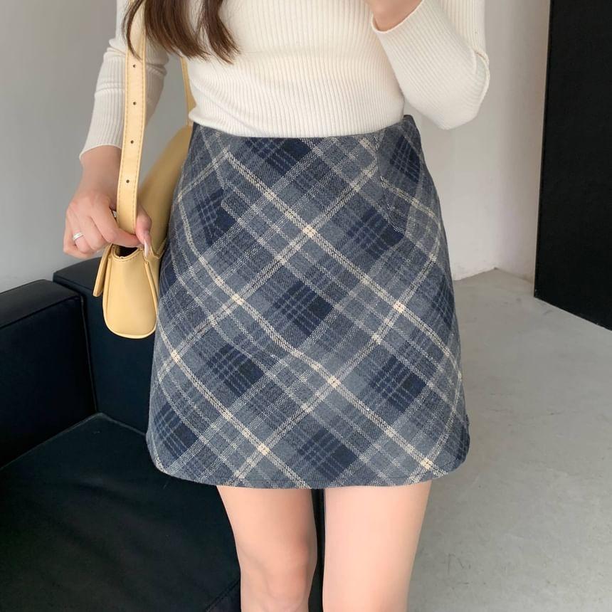 High Rise Plaid Mini Skirt Product Image