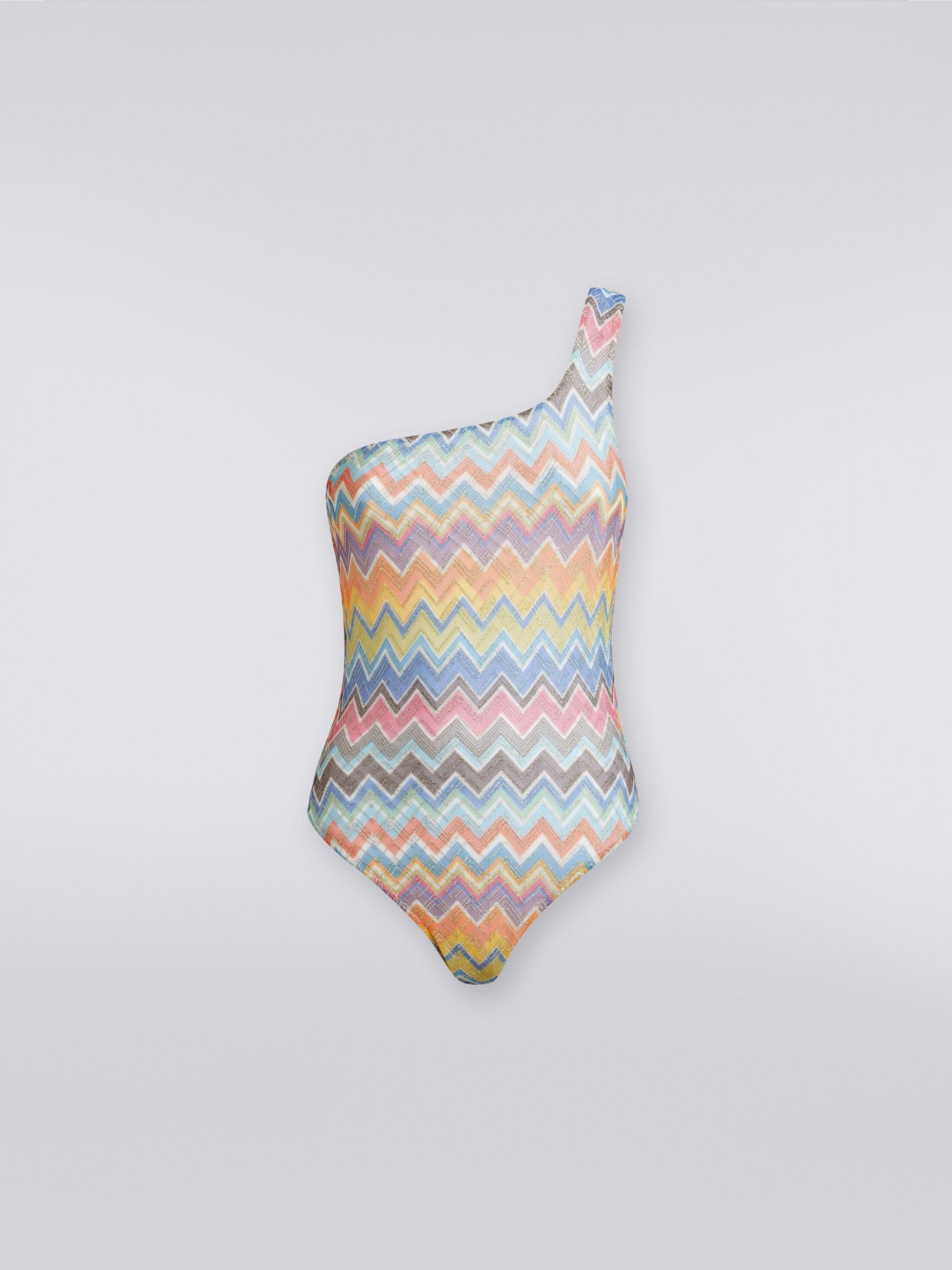 One-shoulder one-piece swimming costume with zigzag print and lurex Product Image