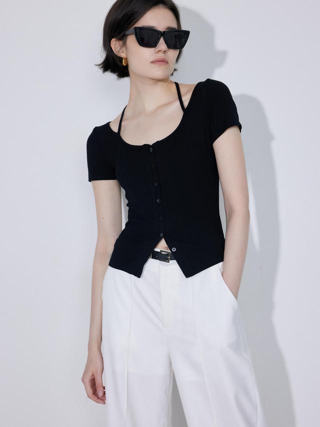 Halter Neck Button Short Sleeve Top Product Image