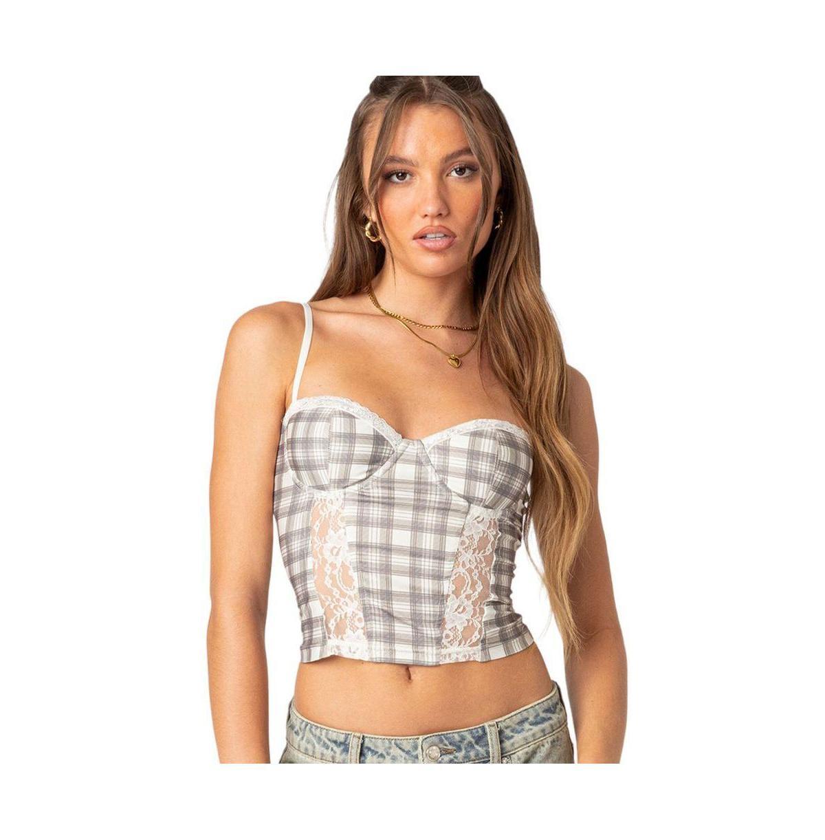 EDIKTED Plaid Lace Panel Corset Top Product Image