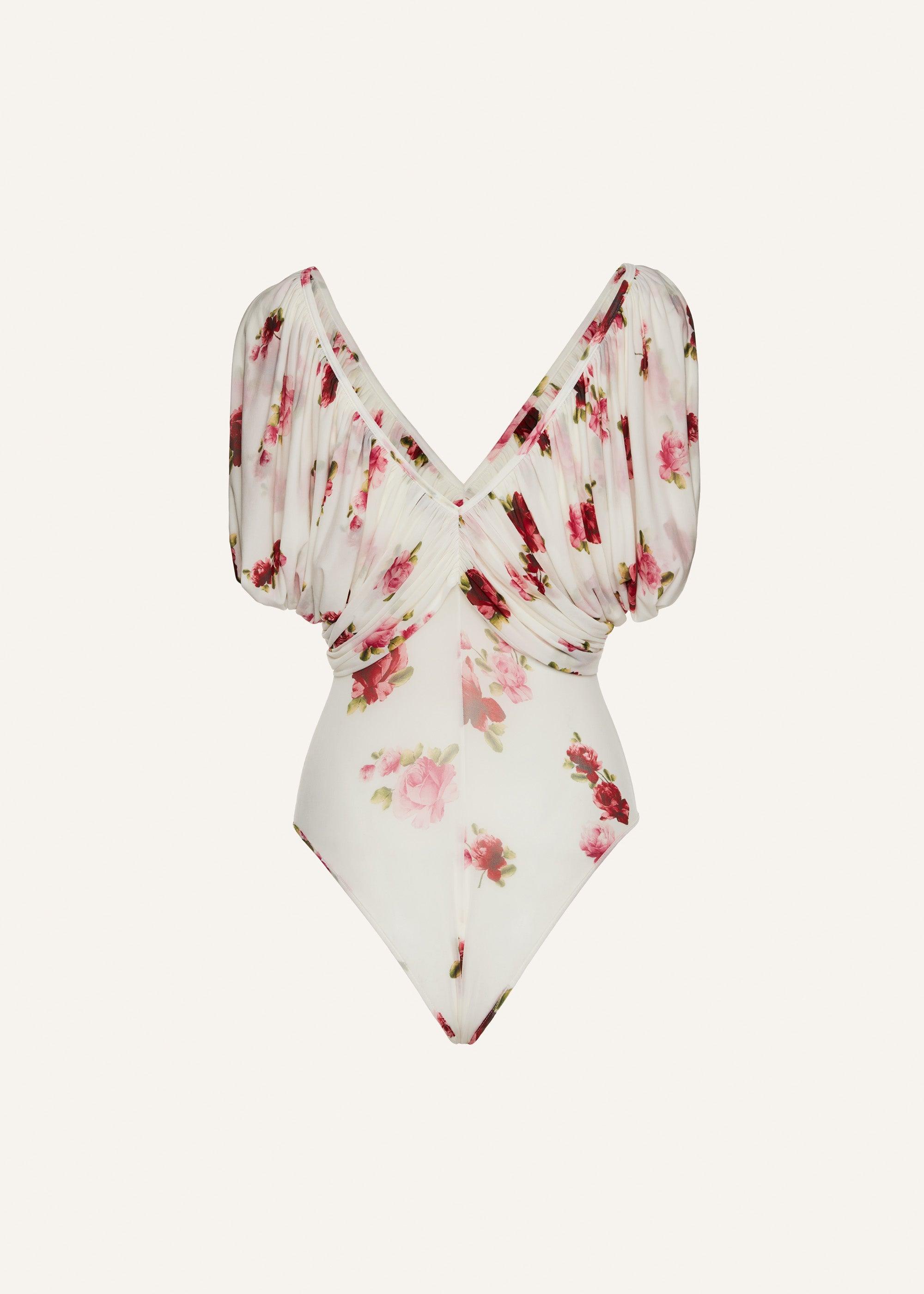 Ruched v neck bodysuit in cream print Product Image