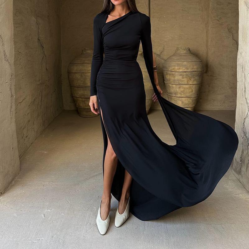 Long Sleeve Asymmetrical V-Neck Plain Ruched Slit Maxi Dress product image