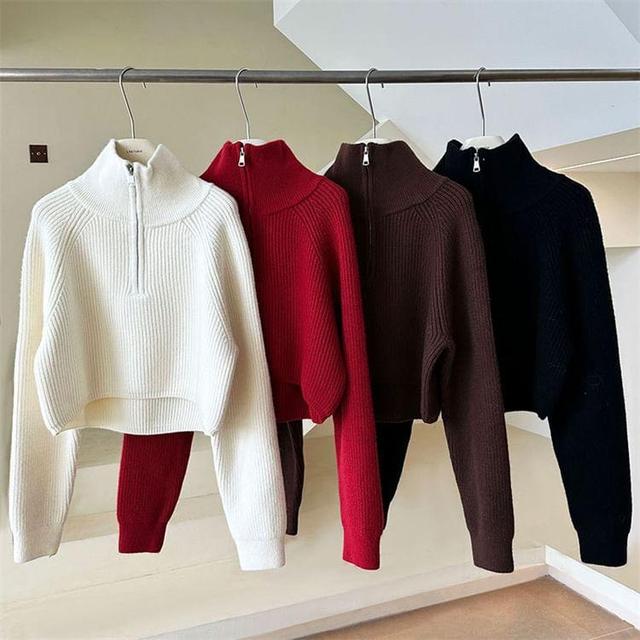 Raglan-Sleeve Turtleneck Plain Half-Zip Ribbed Sweater Product Image