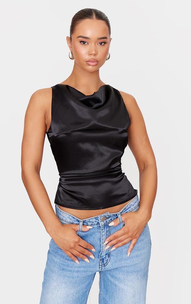 Black Satin Cowl Neck Long Top Product Image