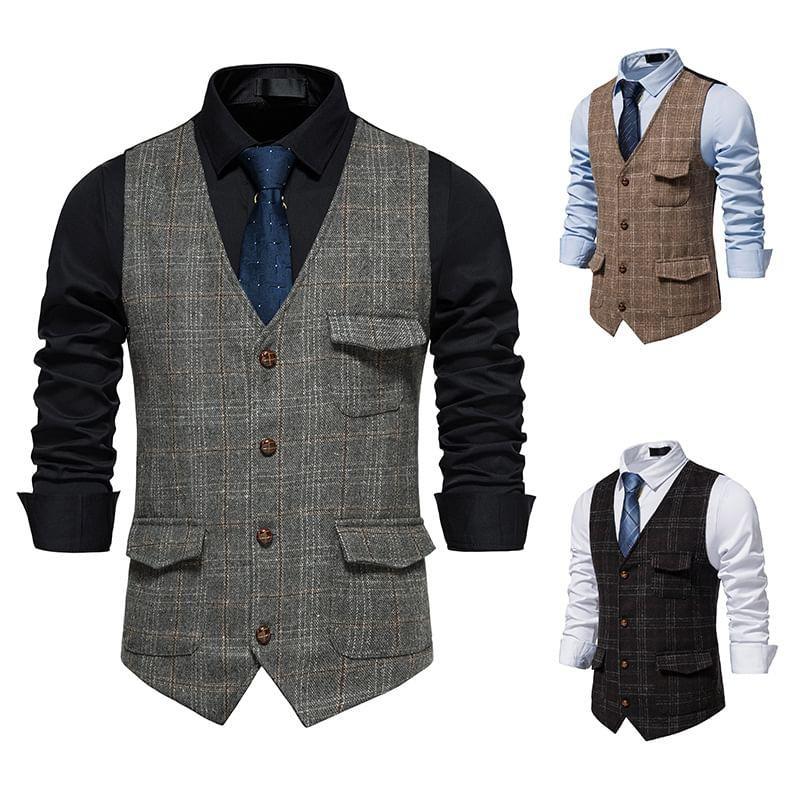 V-Neck Plaid Tweed Button Vest Product Image