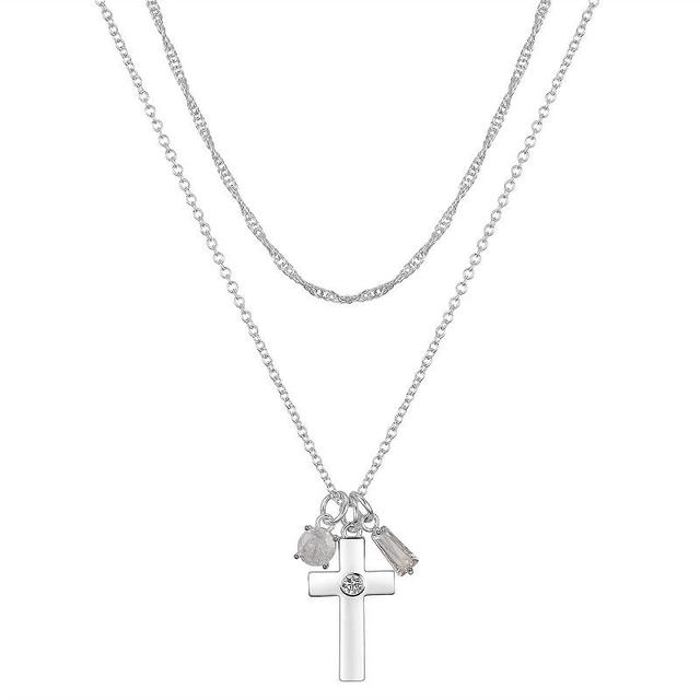 Gratitude & Grace Fine Silver Plated Cubic Zirconia Cross, Round Stone, & Baguette Charms Pendant Necklace & Chain Necklace Set, Womens Silver Tone Product Image