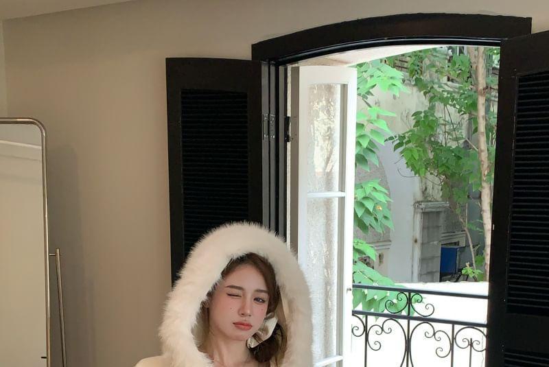 Plain Hooded Fluffy Trim Zip Cardigan Product Image