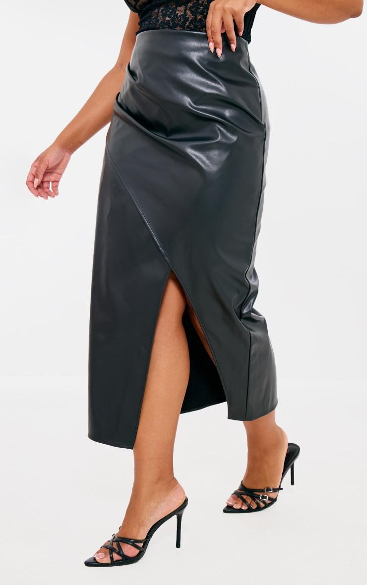 Plus Black Faux Leather Asymmetric Midi Skirt Product Image