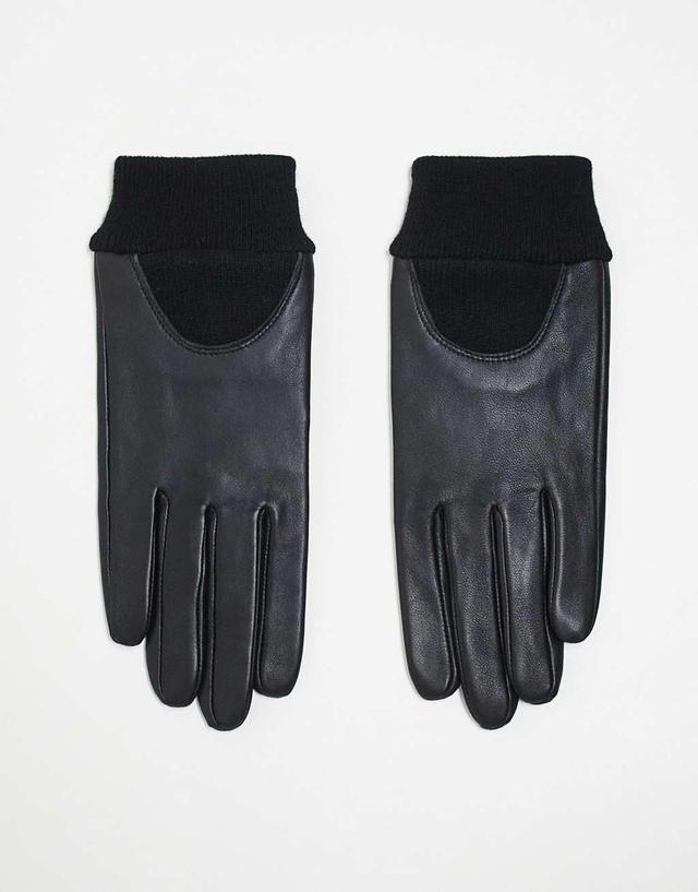 ASOS DESIGN leather gloves with ribbed cuff in black Product Image