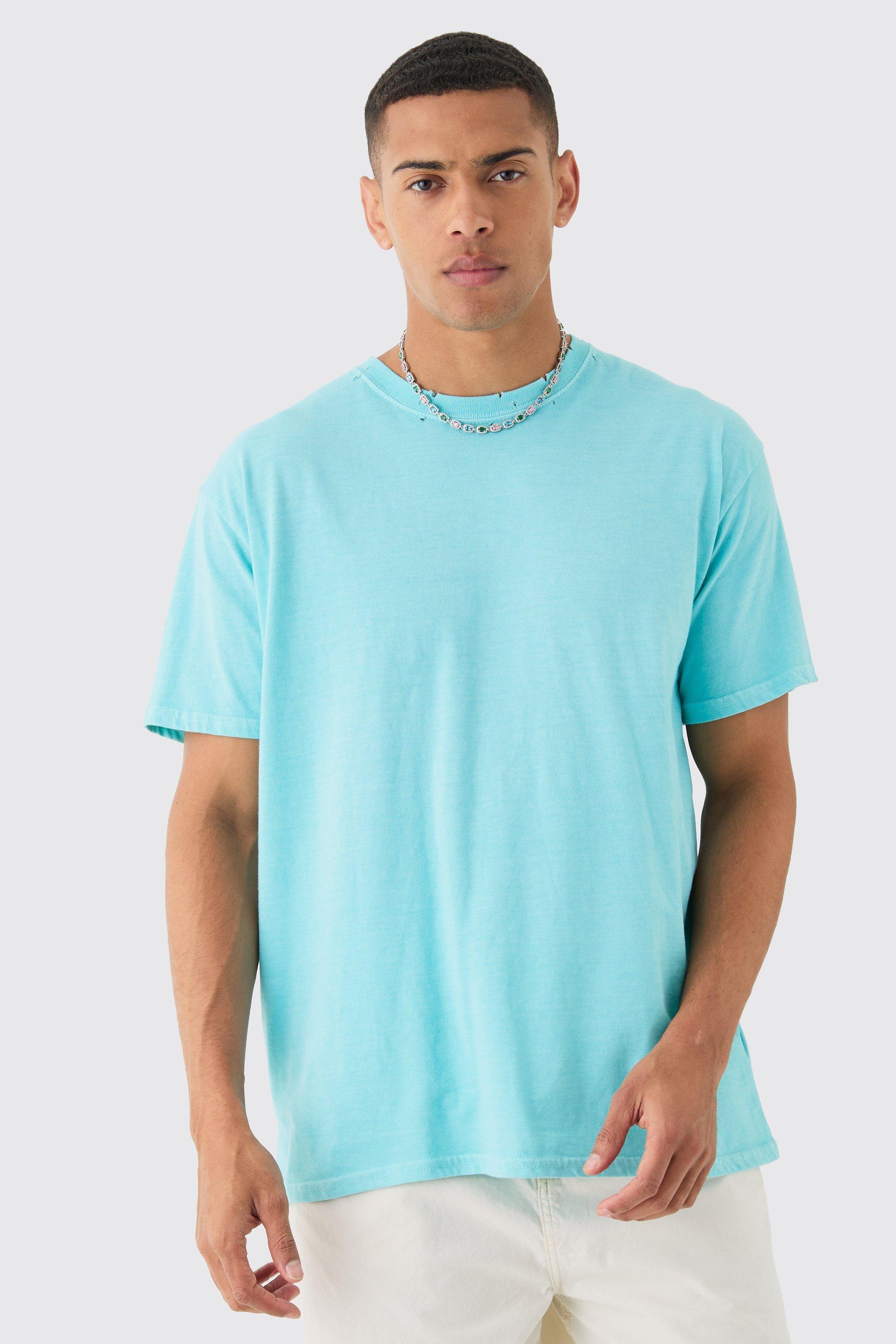 Mens Blue Oversized Distressed Wash T-shirt, Blue Product Image