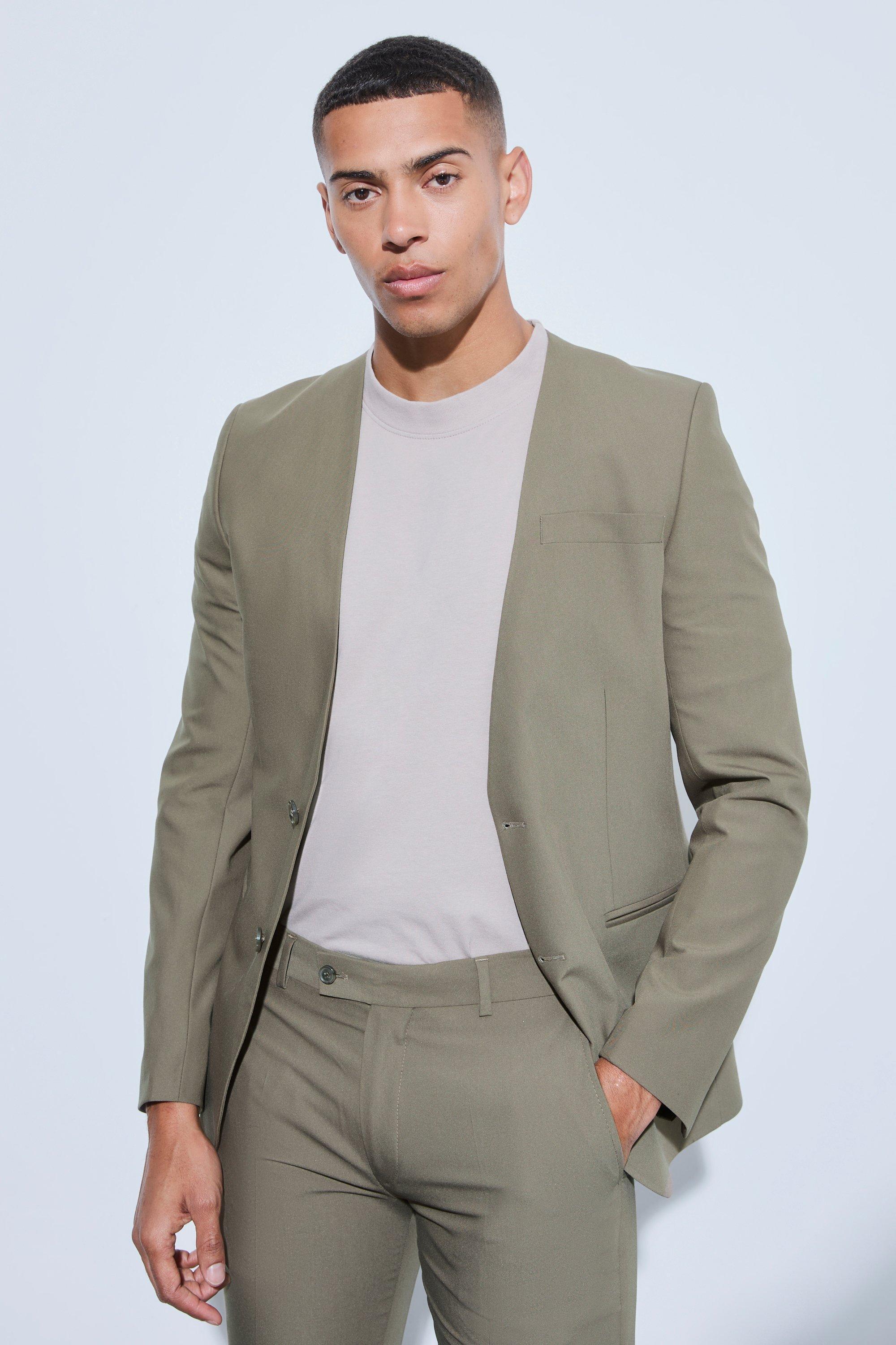 Mens Green Skinny Fit Collarless Single Breasted Blazer, Green Product Image