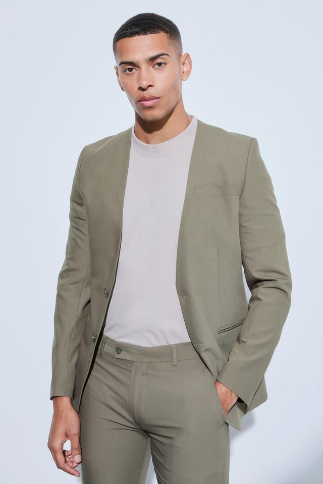 Mens Green Skinny Fit Collarless Single Breasted Blazer, Green Product Image