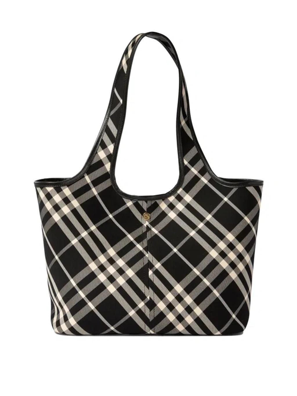 BURBERRY Checkered Small Cotton Shoulder Tote In Black Product Image