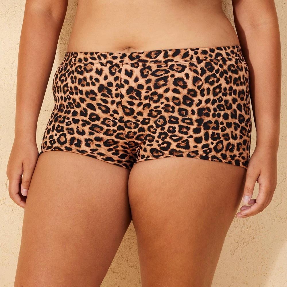 Womens Ribbed Textured Mid-Rise Cheeky Swim Boyshorts - Wild Fable Leopard Print 1X Product Image