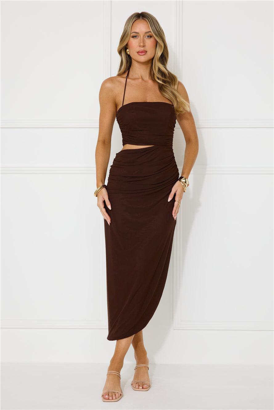 Midnight Enchantment Halter Mesh Midi Dress Brown Product Image