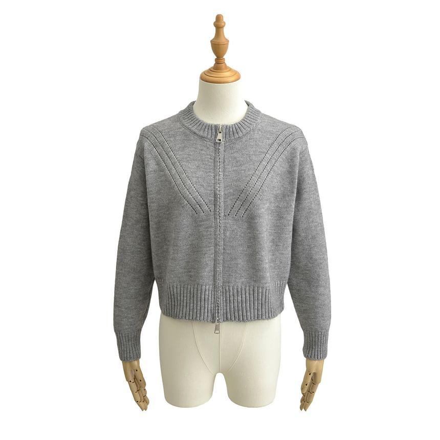 Crew Neck Plain Perforated Zip-Up Crop Cardigan Product Image