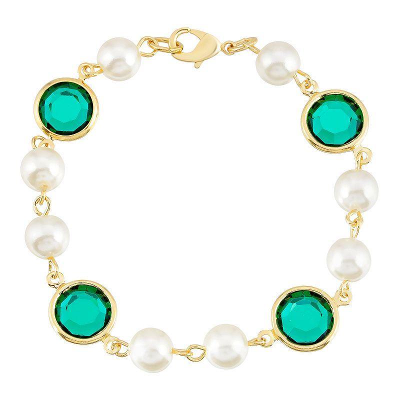 1928 Gold Tone Simulated Pearl & Crystal Chain Bracelet, Womens, Dark Green Product Image