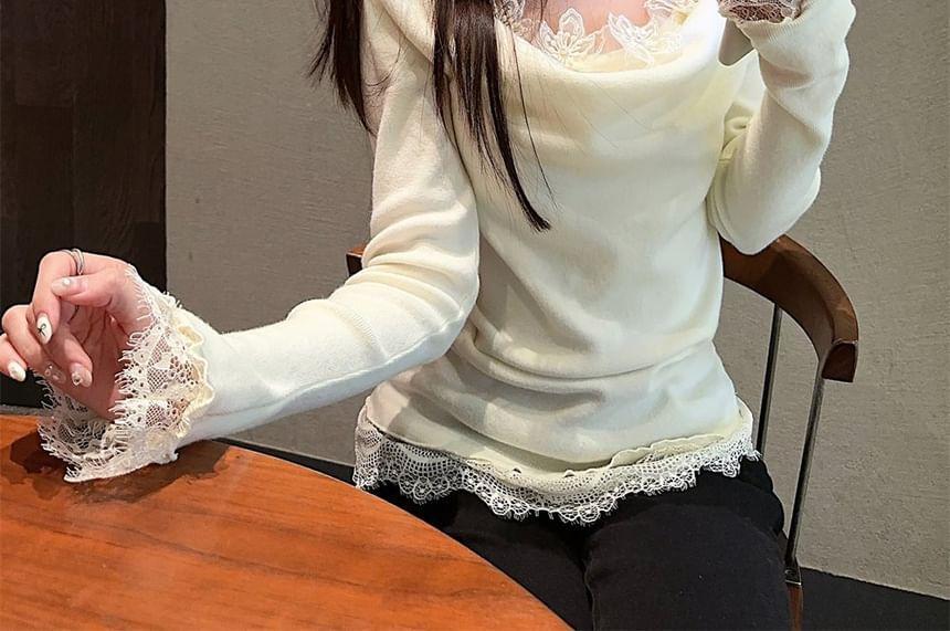 Long-Sleeve Cowl Neck Plain Lace Panel Slim Fit Top Product Image