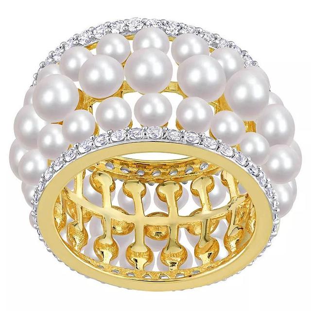 Stella Grace 18k Gold Over Silver Freshwater Cultured Pearl & Lab-Created White Sapphire 3-Row Ring, Womens Gold Tone Product Image