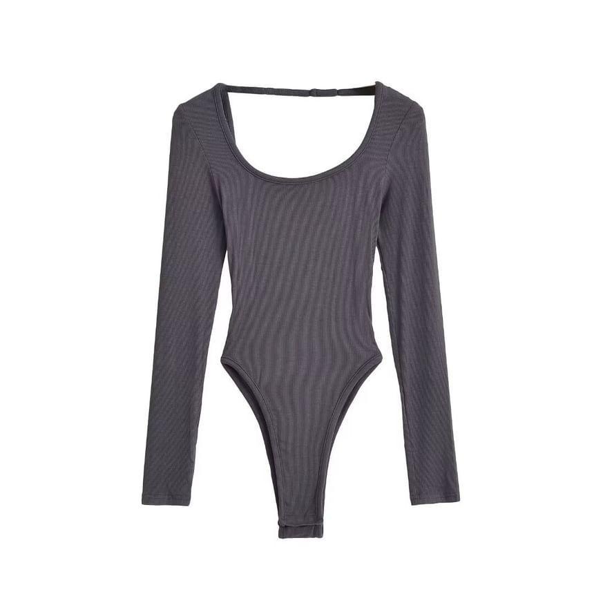 Long Sleeve Scoop Neck Plain Backless Bodysuit Top Product Image