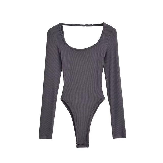 Long Sleeve Scoop Neck Plain Backless Bodysuit Top Product Image