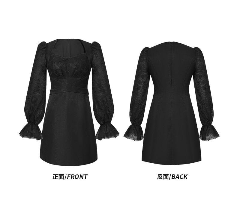 Long-Sleeve Plain Lace Panel Mini Sheath Dress Product Image