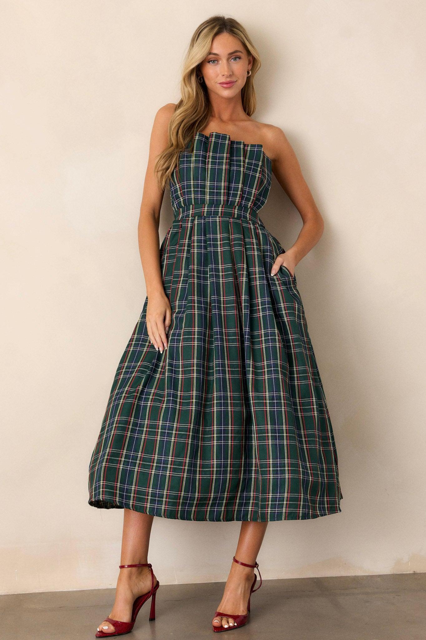 Crystal Dreams Green Plaid Strapless Midi Dress Product Image