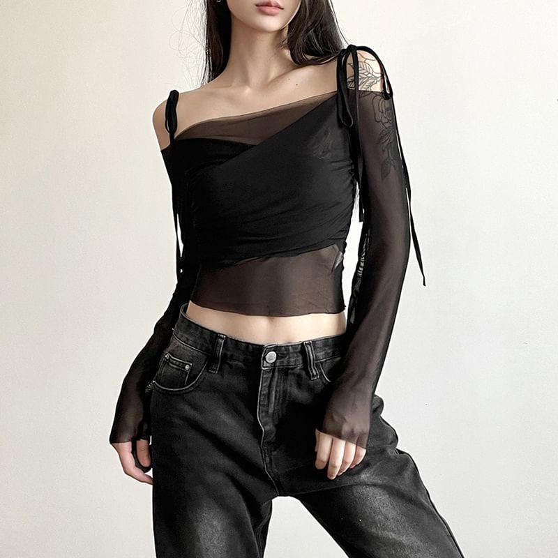 Long Sleeve Tie-Strap Off-Shoulder Plain Mesh  Crop Top Product Image