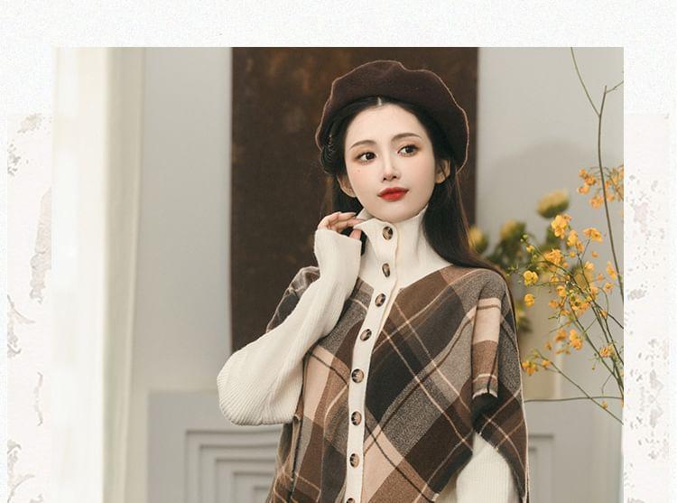 Set: Long-Sleeve Turtleneck Plaid Panel Top + High Rise Maxi A-Line Skirt Product Image