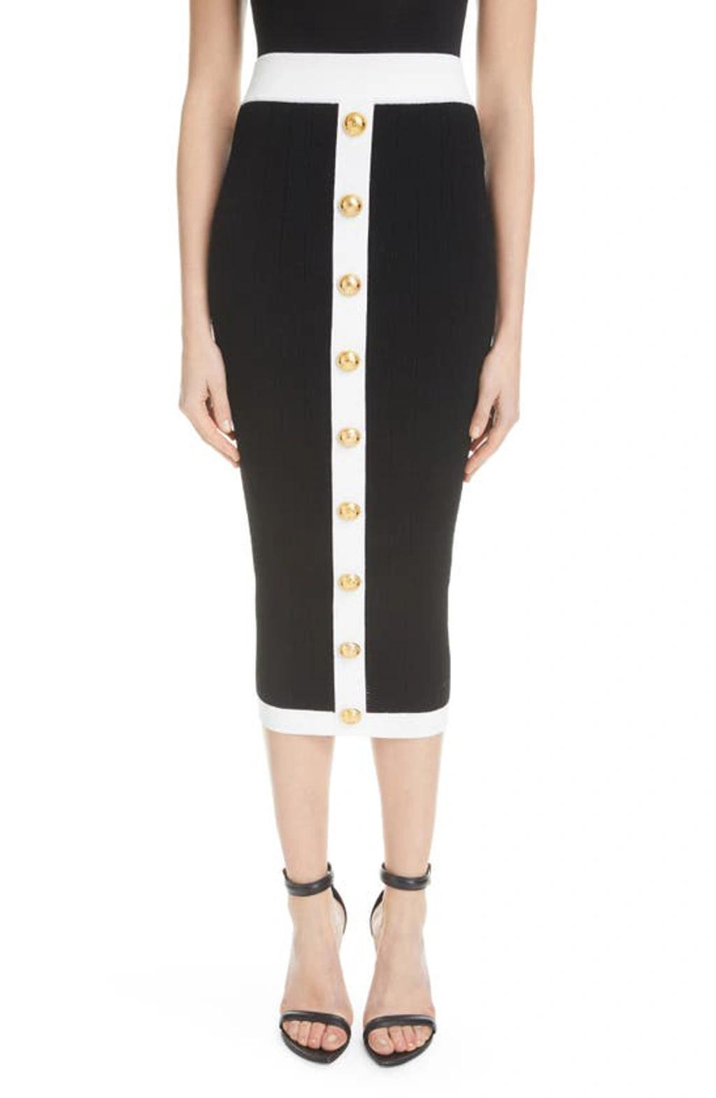 Button-front Knit Midi Skirt In Black White Product Image