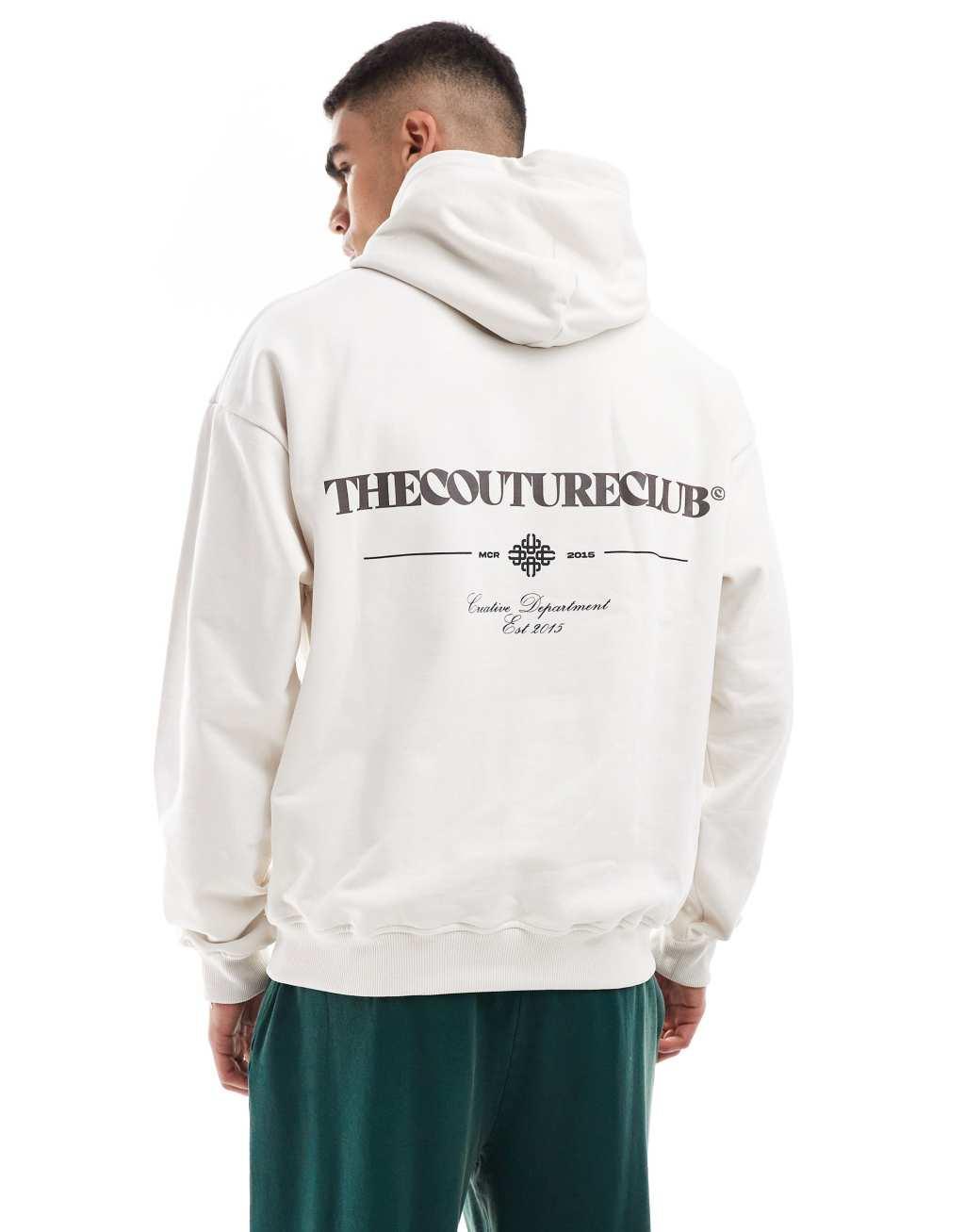 The Couture Club script multi graphic hoodie in off white  Product Image