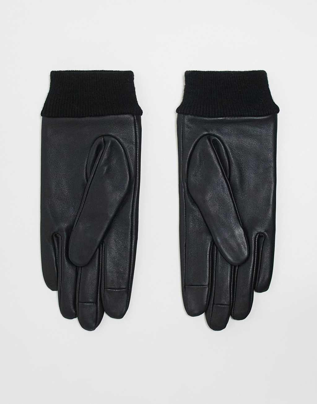 ASOS DESIGN leather gloves with ribbed cuff in black Product Image