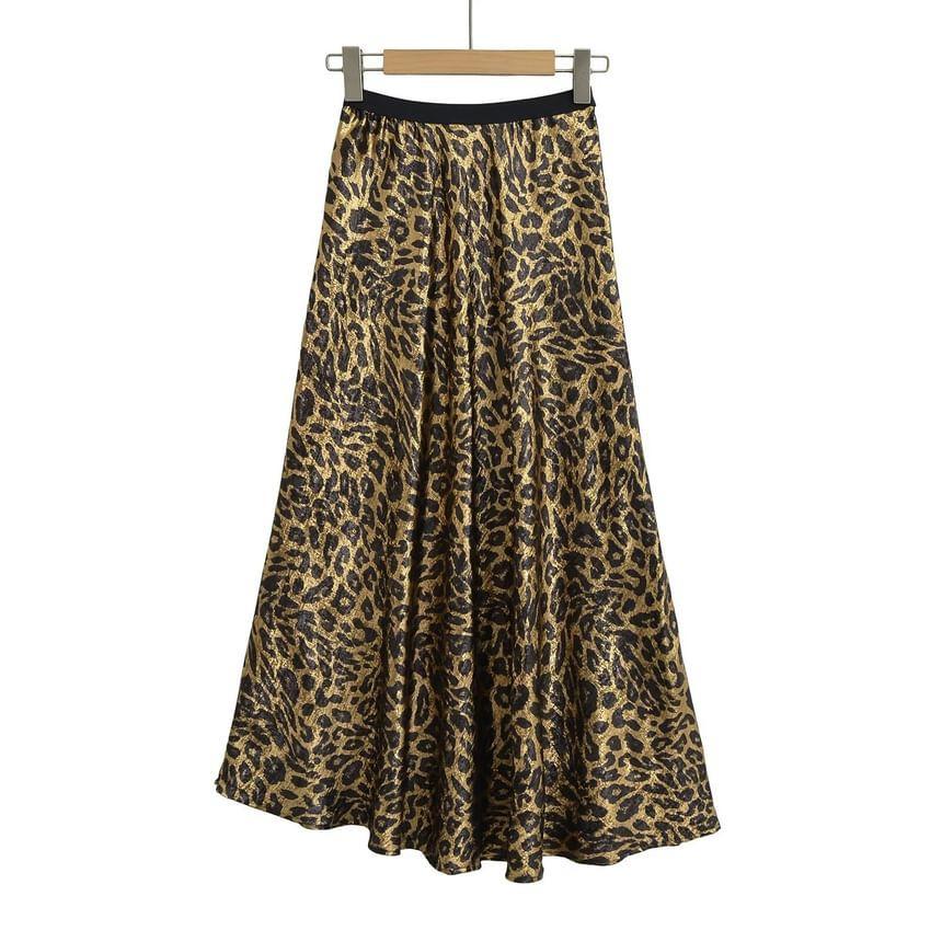 Low Waist Leopard Print Midi A-Line Skirt Product Image