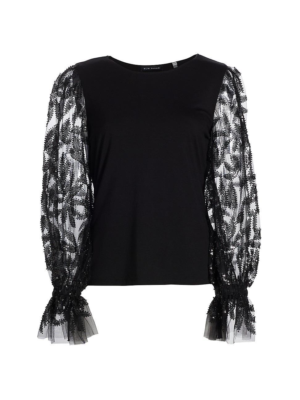 Womens Leaf Sequined Sheer-Sleeve Blouse Product Image