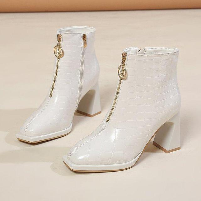 Block Heel Zip-Up Pointed Ankle Boots Product Image