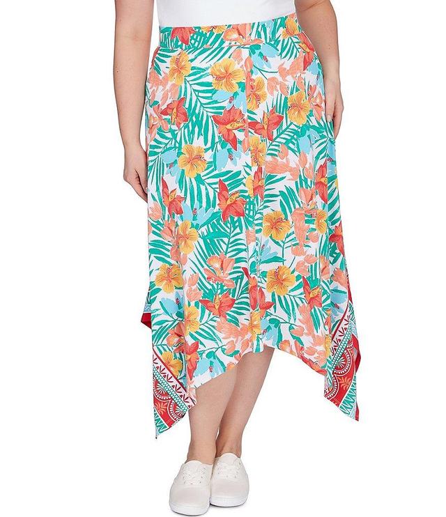 Ruby Rd. Plus Size Crepe Knit Tropical Geo Print Elastic Waist Asymmetrical Hem Midi Pull-On A-Line Skirt Product Image