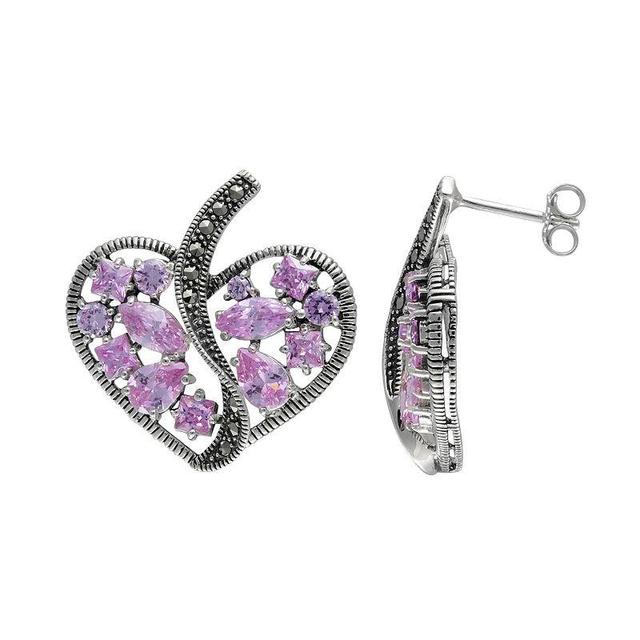 Lavish by TJM Sterling Silver Pink CZ & Marcasite Heart Earrings, Womens Product Image