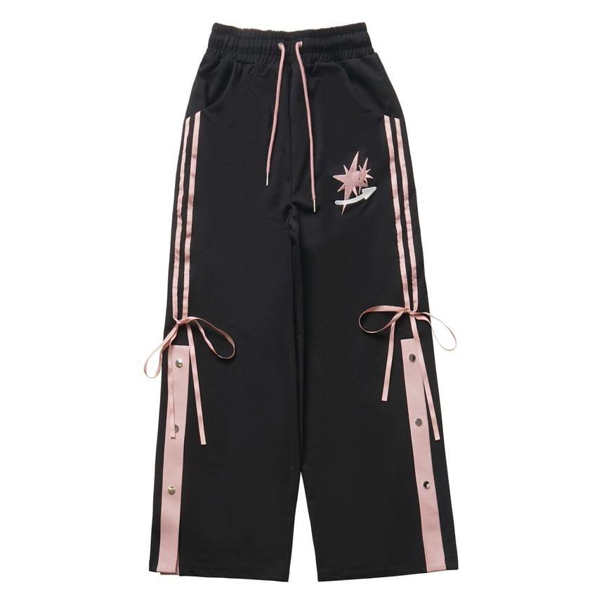 Drawstring Waist Striped Star Embroidered Bow Wide Leg Sweatpants Product Image