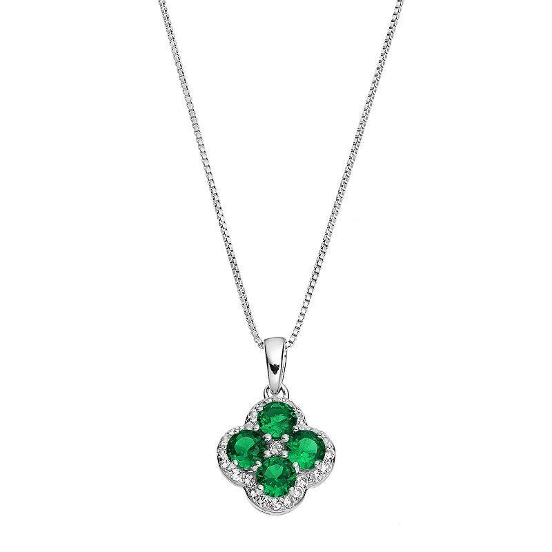 Gemminded Sterling Silver Lab-Created Emerald & White Topaz Flower Pendant Necklace, Womens Green Product Image