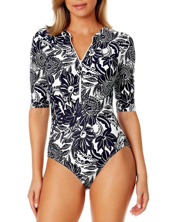 Anne Cole Midnight Floral Print High Neck Elbow Sleeve Zip Front One Piece Swimsuit Product Image