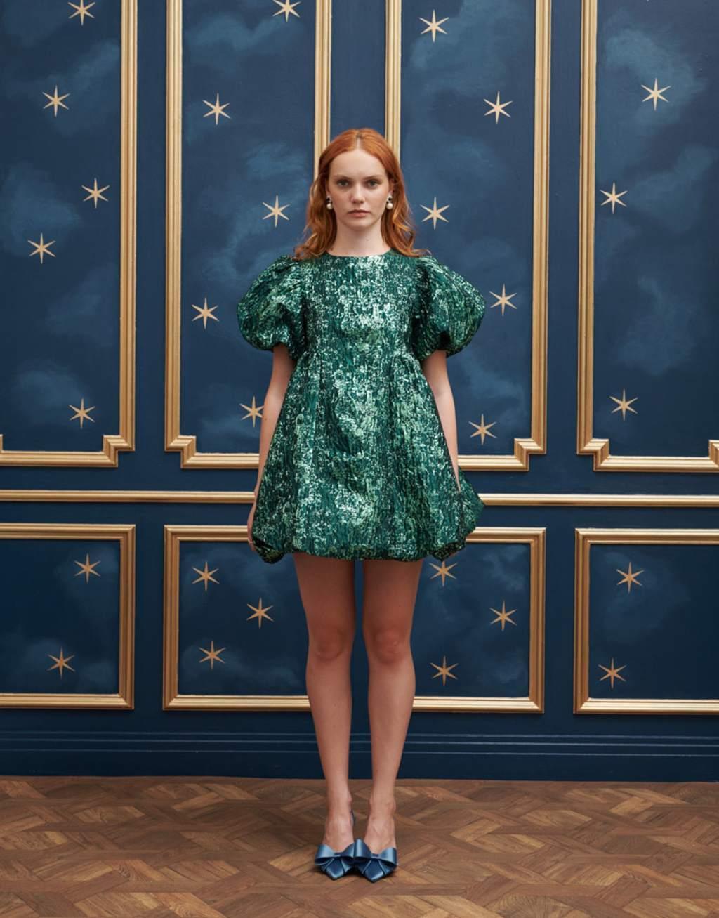 Sister Jane puff sleeve mini jacquard dress in emerald green Product Image